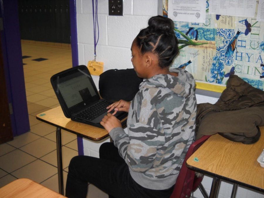 Jelian Swan working on her photography section of the Literary Magazine. 
